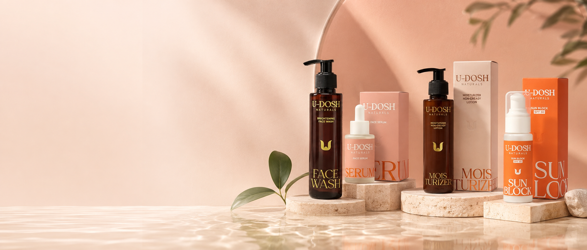 Udosh skincare routine with face wash, face serum, moisturiser lotion and Sun Block SPF 60
